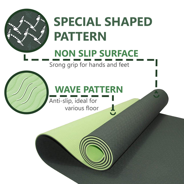 Green Yoga Mat Fitness Mat - TPE Yoga Mat with Strap for Home Gym